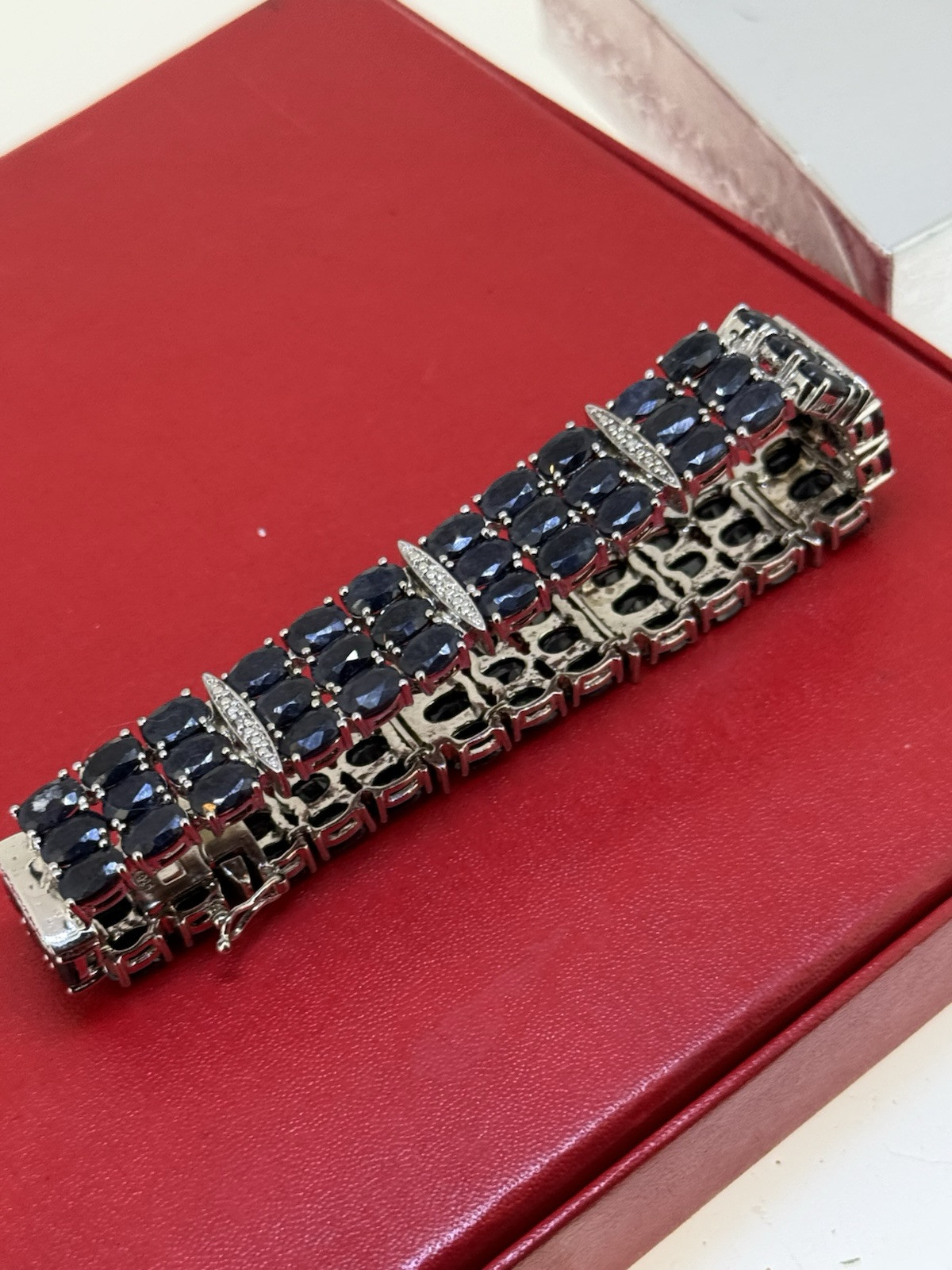 Vintage SJM Sterling Silver Blue Sapphire & Diamond Bracelet 7.5 Inch Long