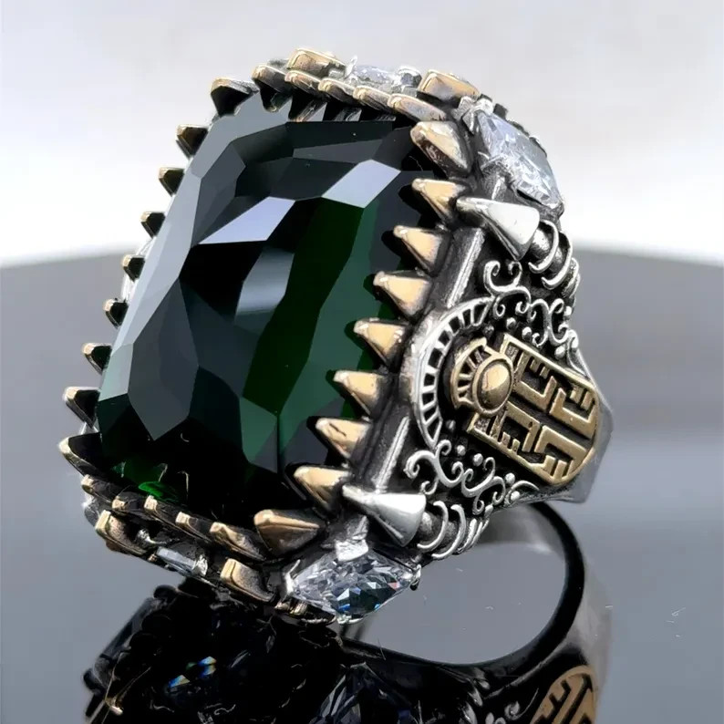 Solid 925 Turkish Handmade Green Emerald Ring Large Men Statement Jewelry