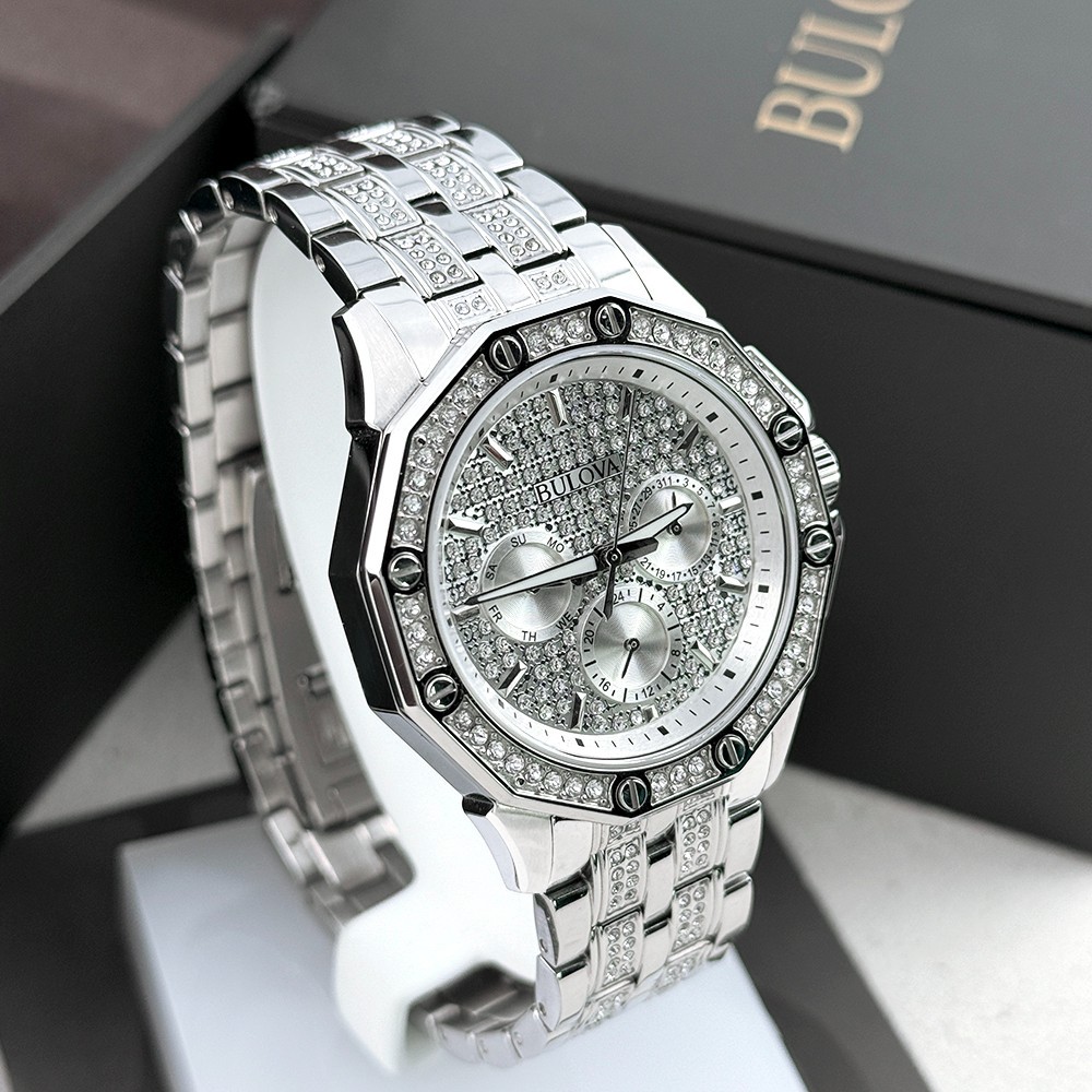 Bulova Men’s Octava Crystal 96C134 Silver Dial Stainless Quartz Watch 41.5mm