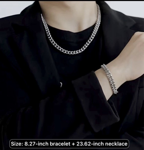 Stainless Steel Silver Cuban Link Necklace 23.62in & Bracelet 8.27in Set