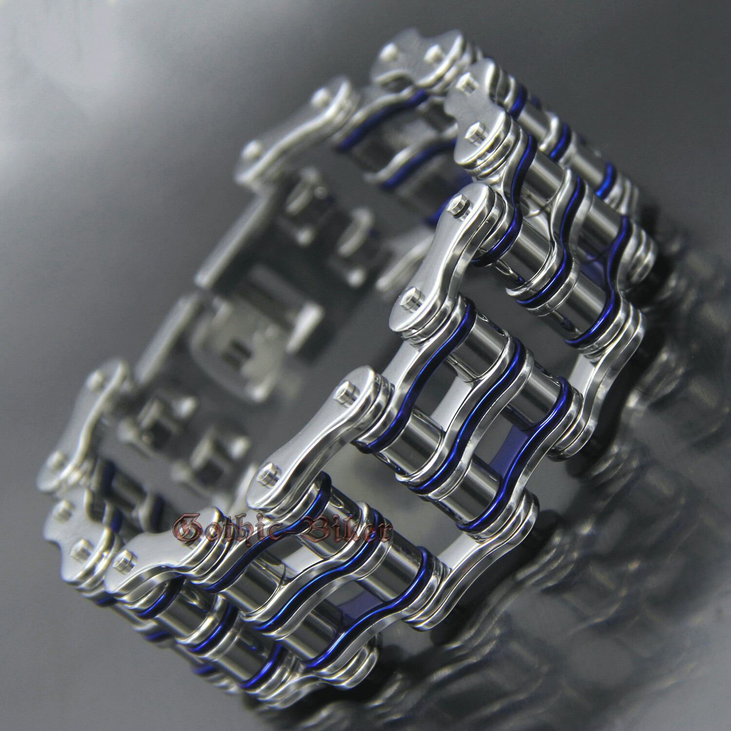 Men’s Heavy Stainless Steel Motorcycle Bike Chain Bracelet Silver/Blue 27mm Wide