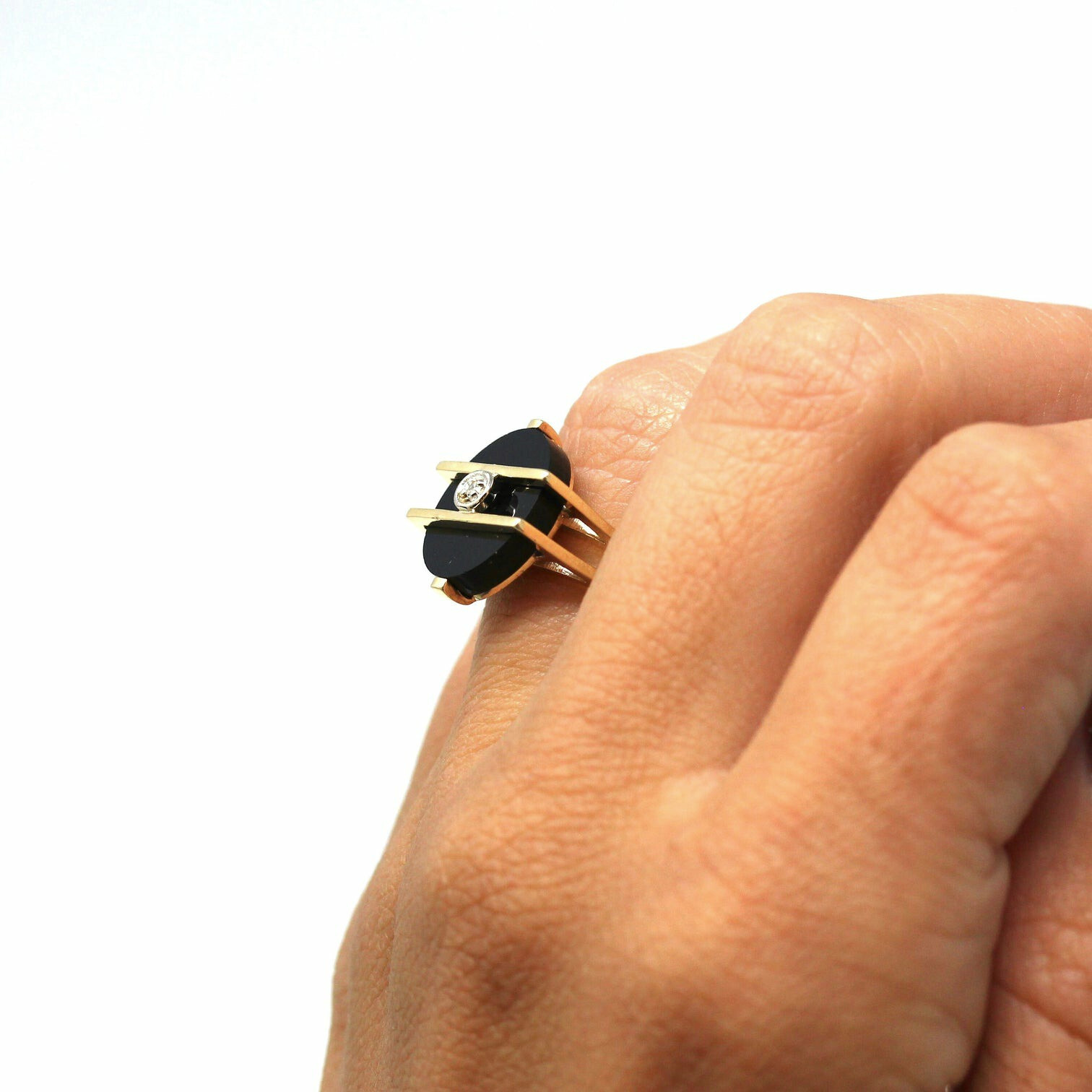 Black Onyx Gold plated 925 Silver Round Antique Vintage Ring Size 7 H-35