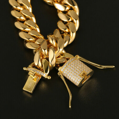 Gold Plated Miami Cuban Link Chain Bracelet Stainless CZ Steel Clasp 6mm-14mm