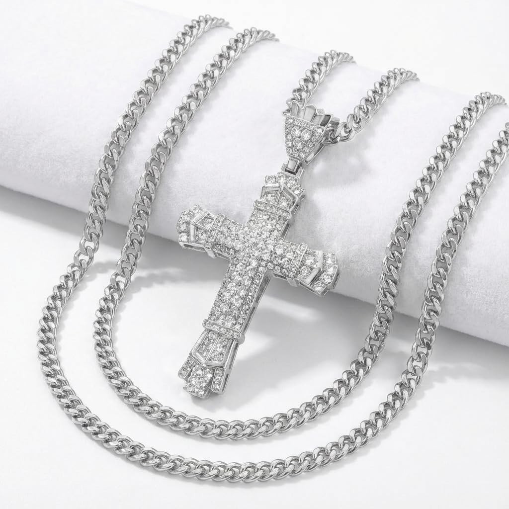 Cross Necklace with Diamonds, Silver Chain, Stainless Steel Pendant, Gothic C…