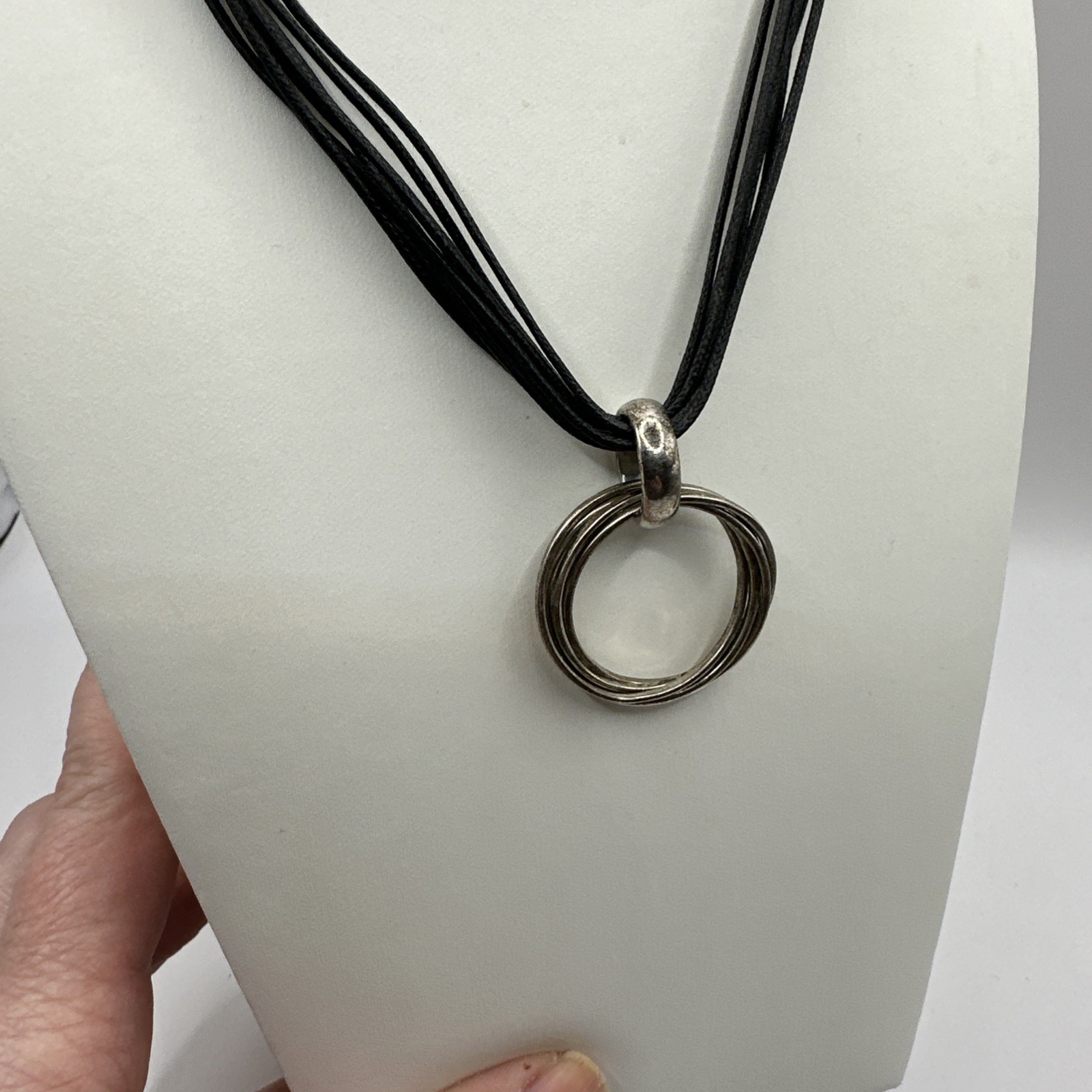 Multi strand Beaded Leather Cord Necklace 925 Sterling Silver Clasp Signed 19”