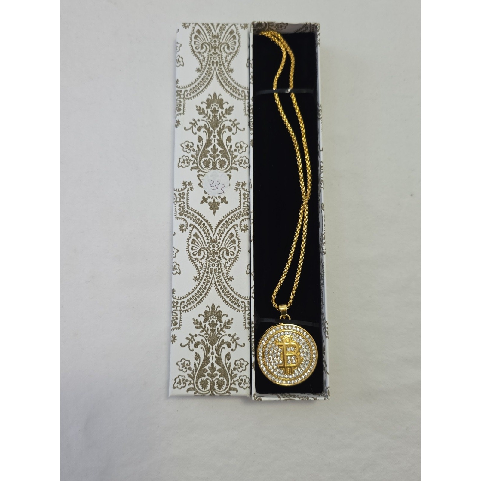 Fashion Jewelry Pendant Necklace Gold Tone Bitcoin Crypto Sparkly Rhinestones