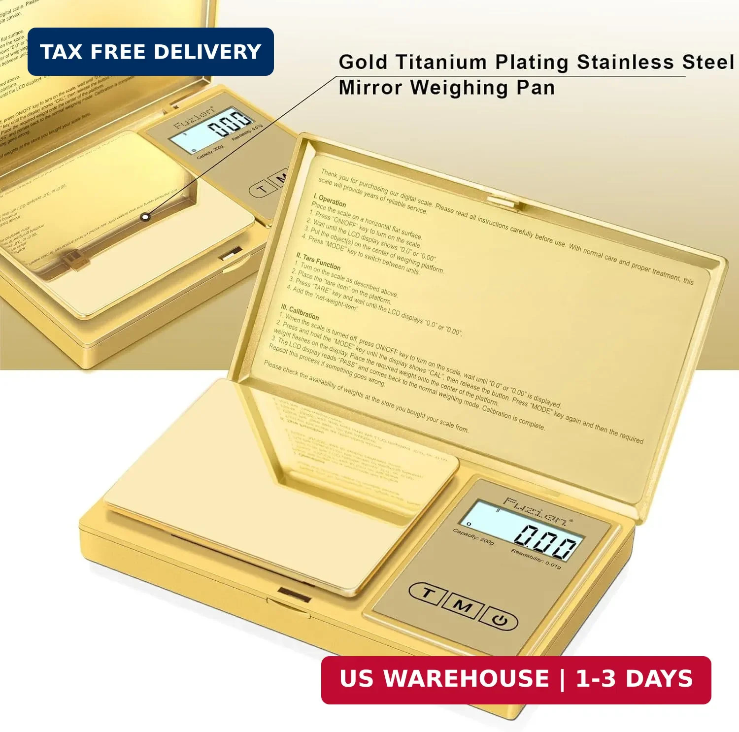 Fuzion Gram Scale, 200gx0.01g Digital Pocket Scale Gold Titanium Plating, High P