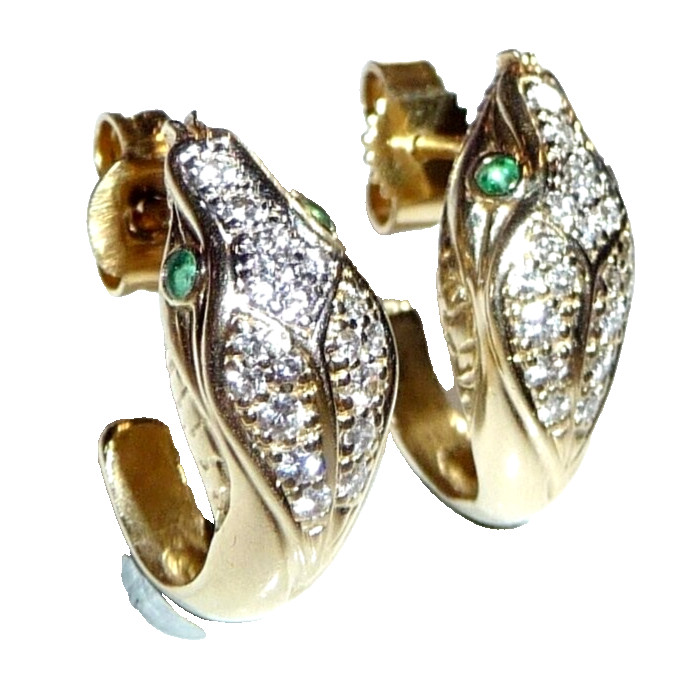 Snake 585 Gold Stud Earrings 0.46ct. Diamond Emeralds 4.2g