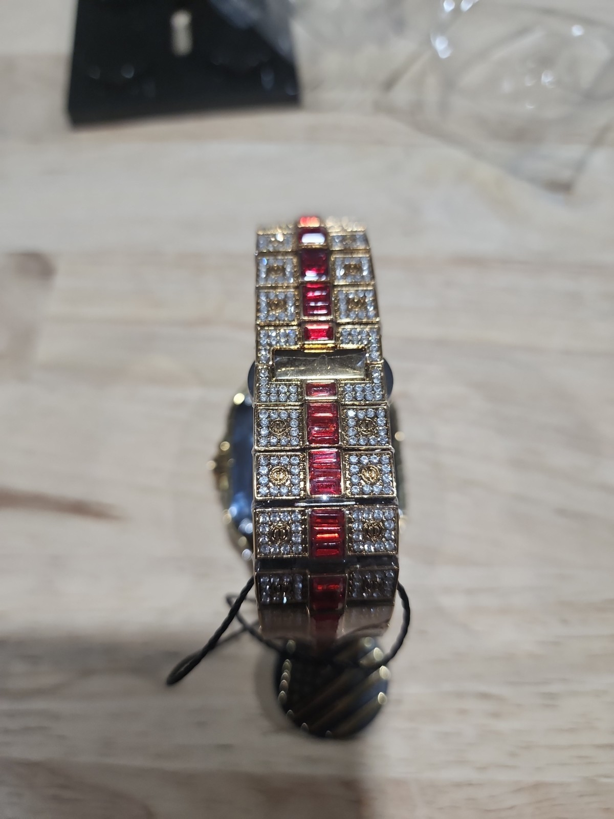 Men’s Fully Iced Out Quality Watch Bling Gold Simulated Diamond Red Stripe