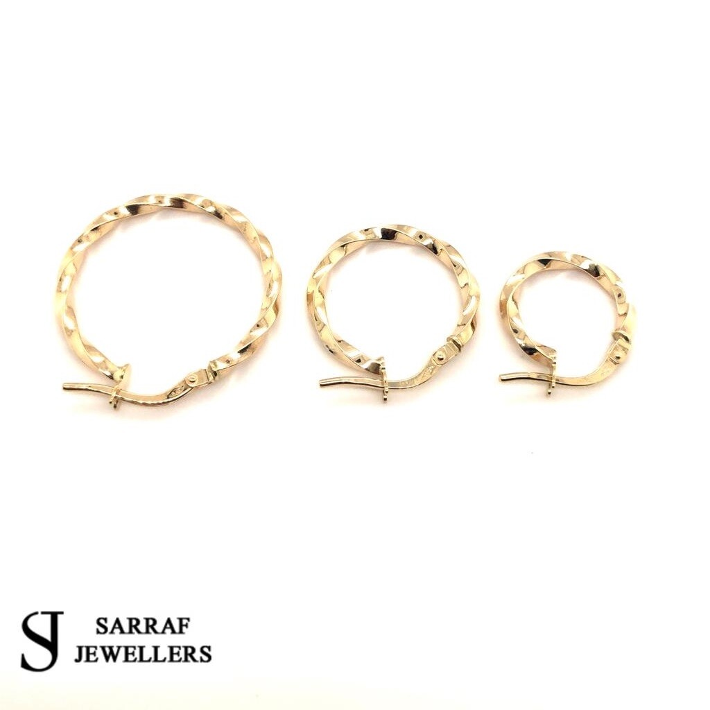 9ct Yellow Gold Twisted Womens Round Hoop Earring Pair 10mm 15mm 20mm 25mm 30mm