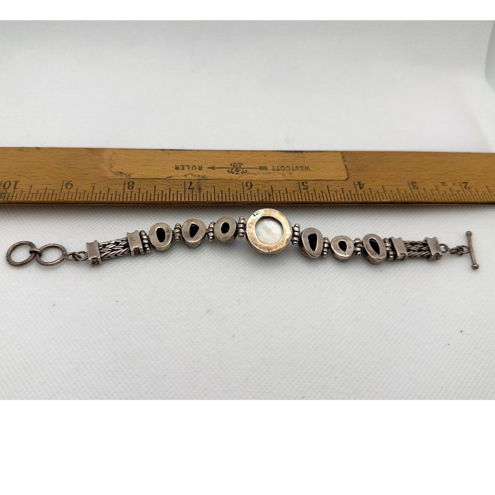 Women 8in 925Silver Excellent Mabe Pearl Blue Opal Bracelet