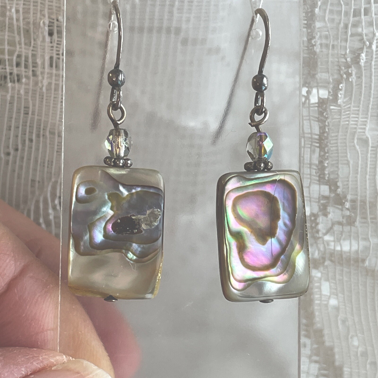 Sterling Silver Rectangle Genuine Abalone Shell Sterling Earrings Chrystal Bead