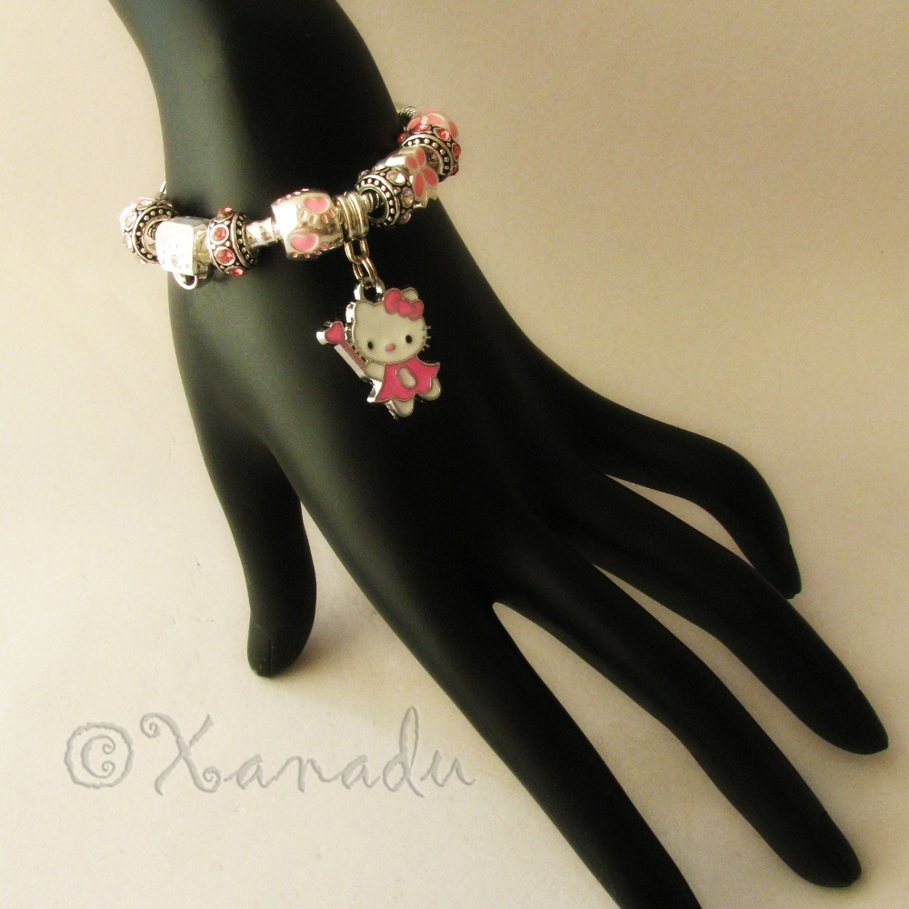 Pink Hello Kitty Fairy Princess European Charm Bracelet With Pink Crystal Beads