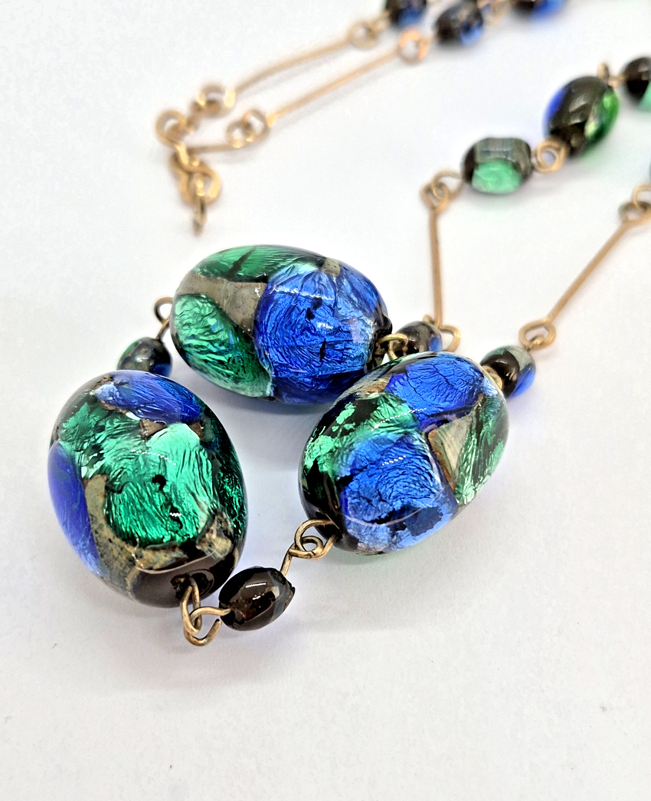 Vintage Art Deco Venetian Green, Blue & Black Foil Glass Bead Necklace 18″