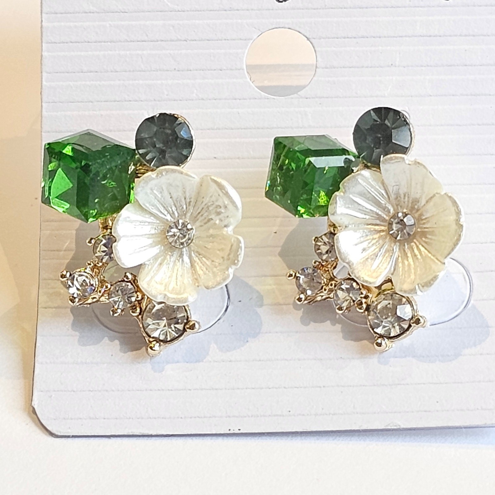 Flower Stud Earrings Crystal Green Square Rhinestone Women Jewelry w/ Gift Bag