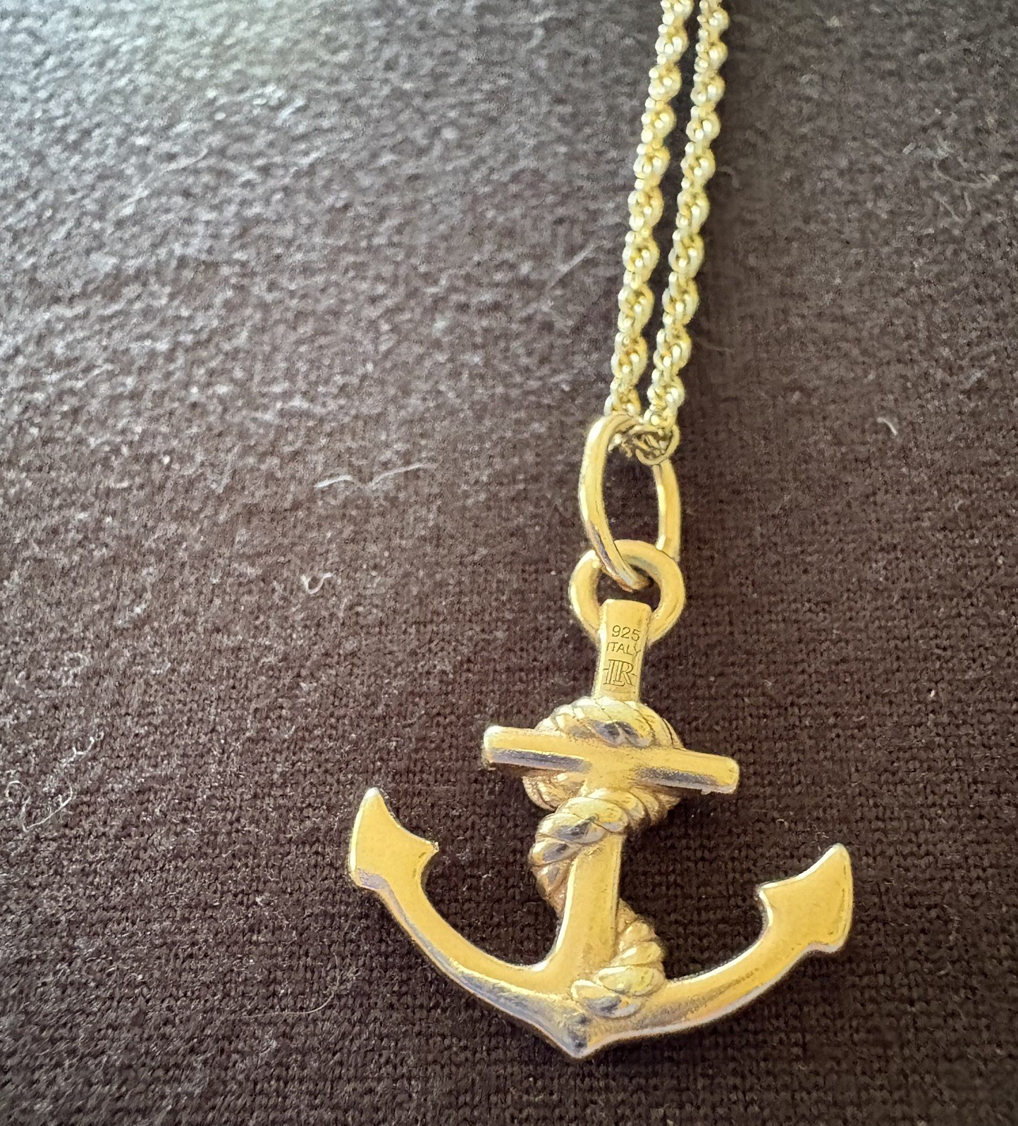925 Italy Goldtone Over Sterling Silver Anchor Pendant & Rope Chain 22”