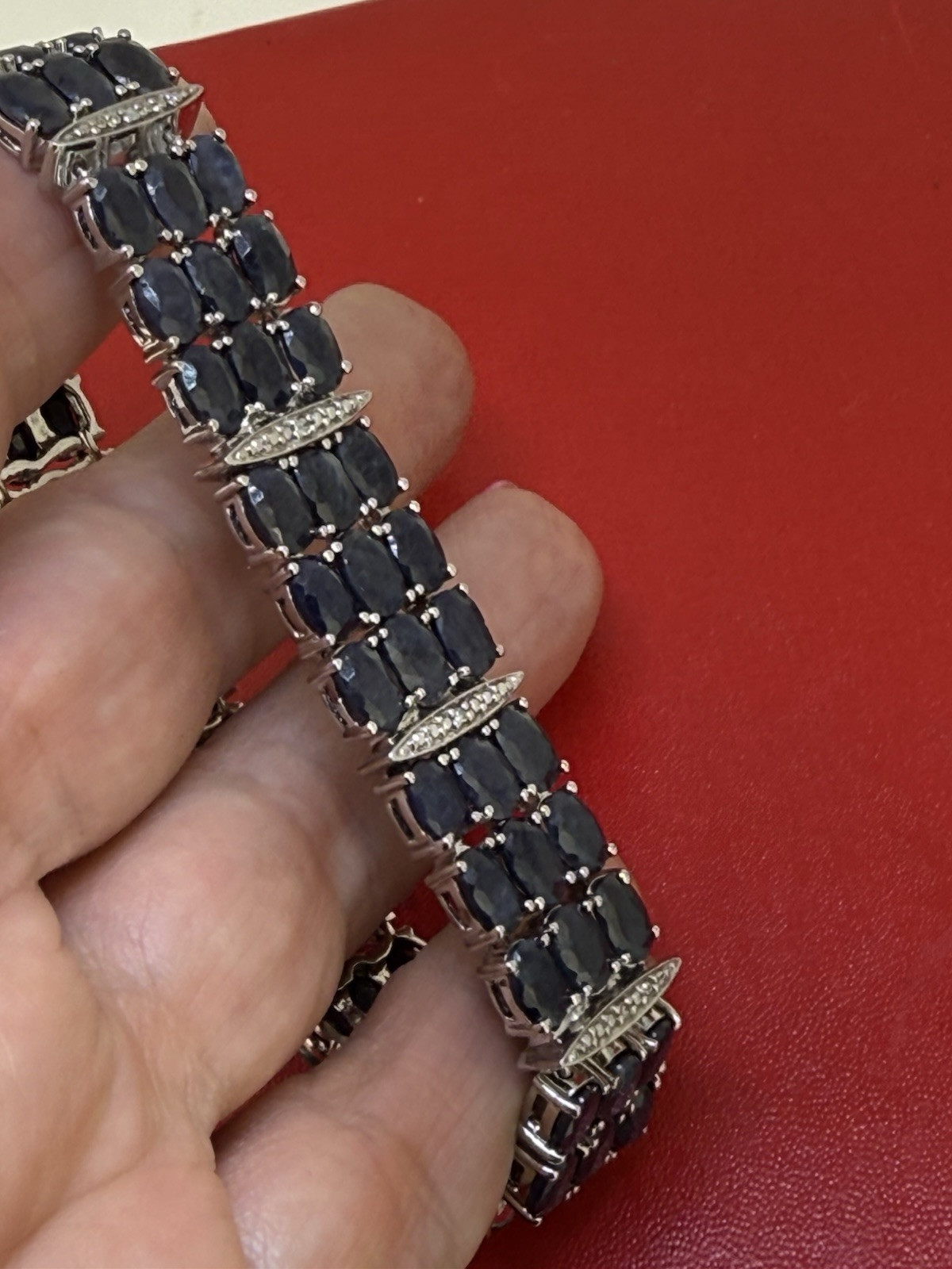 Vintage SJM Sterling Silver Blue Sapphire & Diamond Bracelet 7.5 Inch Long