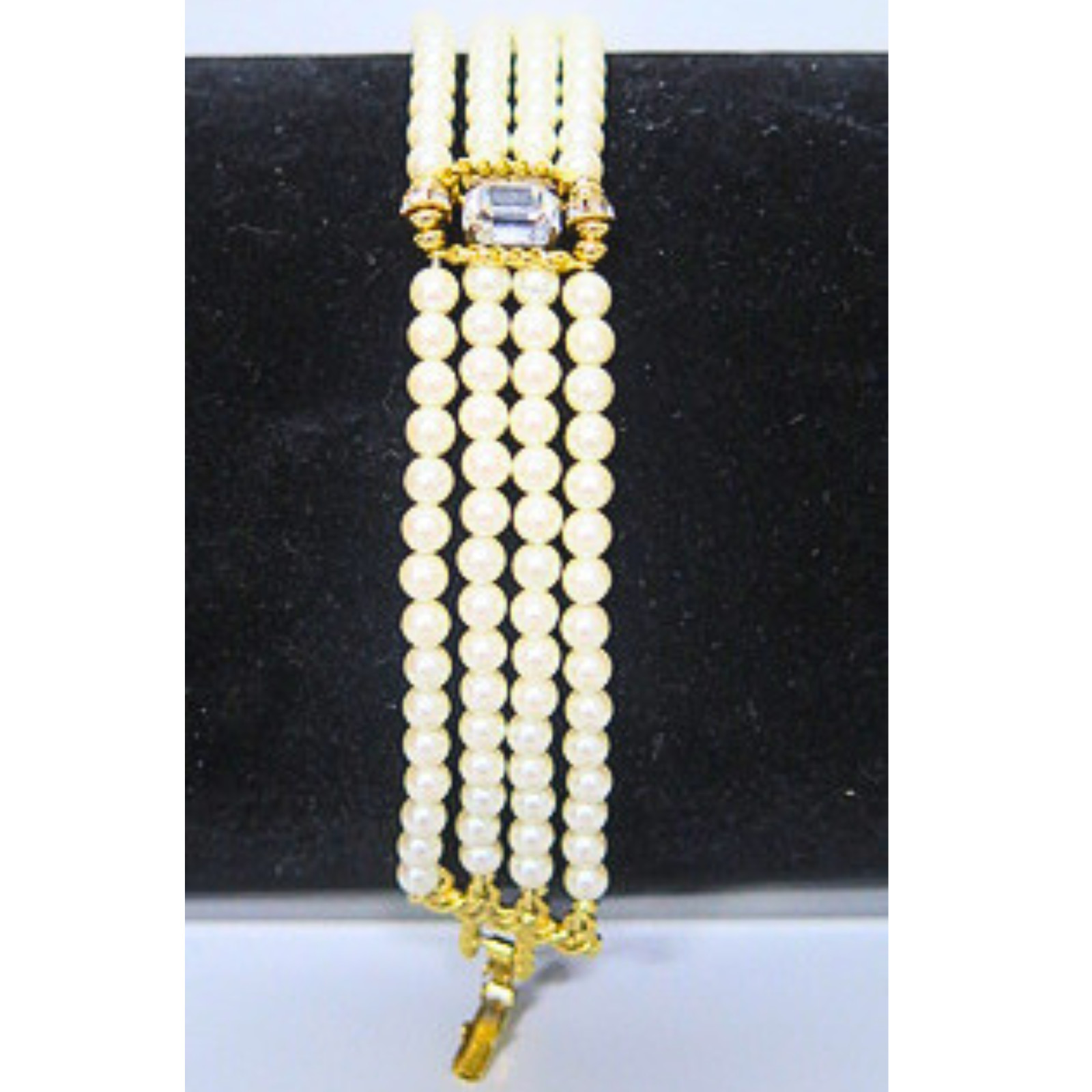Vintage 4 Strand Faux Pearl Bracelet Gold Tone Crystal Accent Estate 7.5″