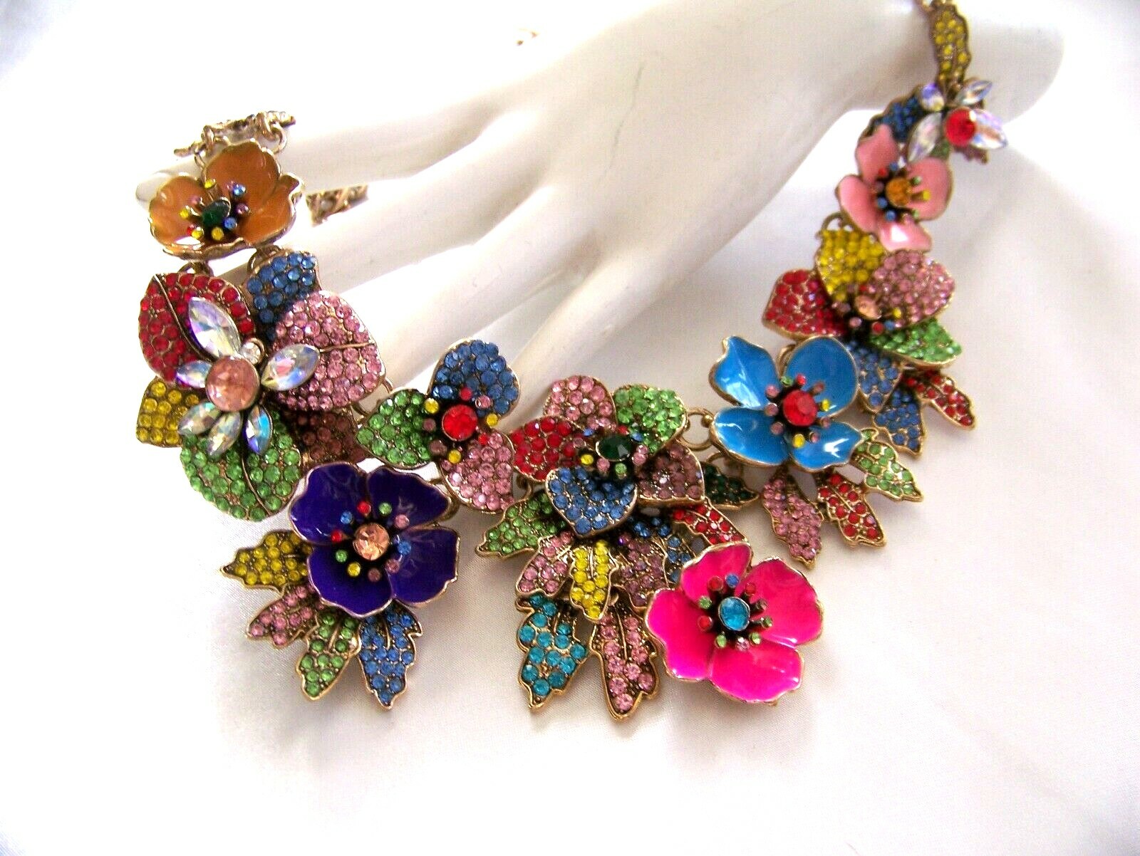 MULTI COLOR FLORAL BOUQUET VTG Style Pave Rhinestone Enamel Bib Necklace