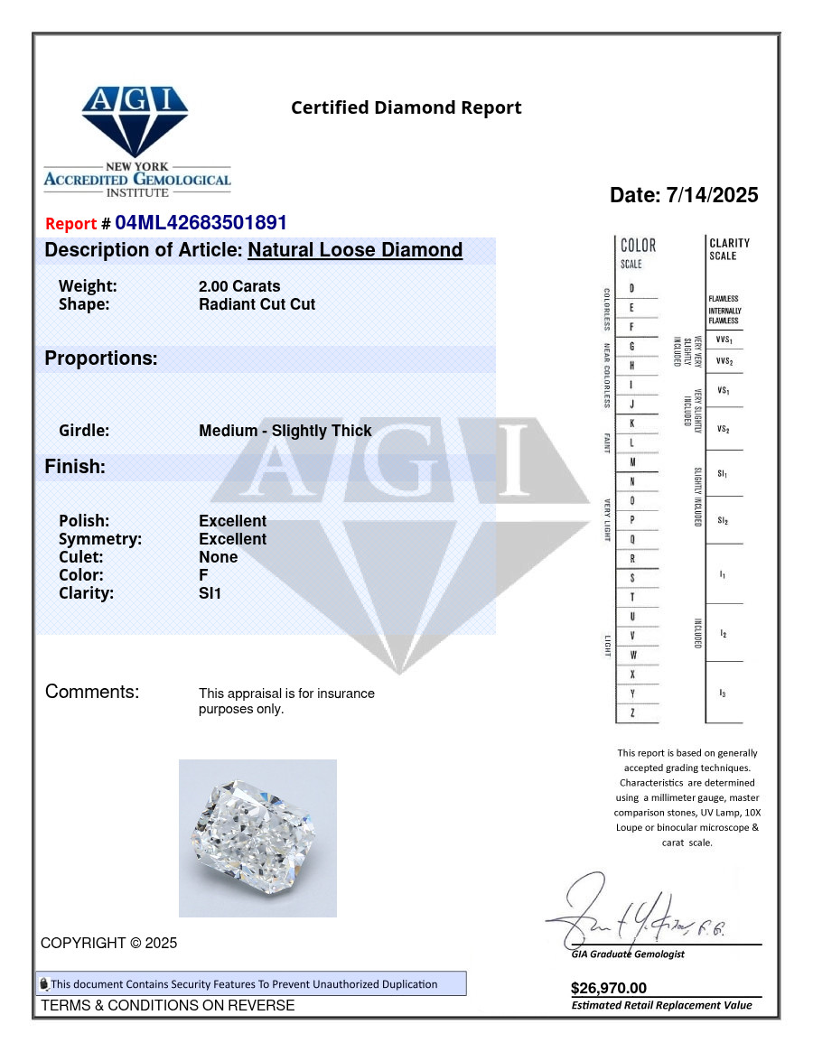 Radiant Cut 2 CT Certified AGI Natural Mined Diamond Loose F color SI1 clarity