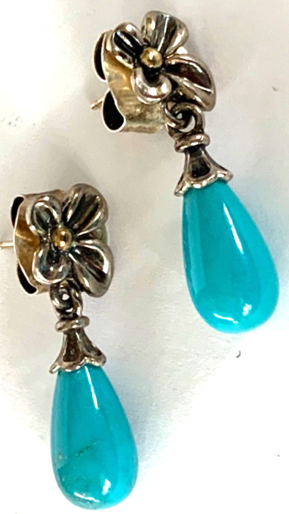 ANN KING 925 Sterling Silver 18k Gold Turquoise Flower Teardrop Dangle Earrings