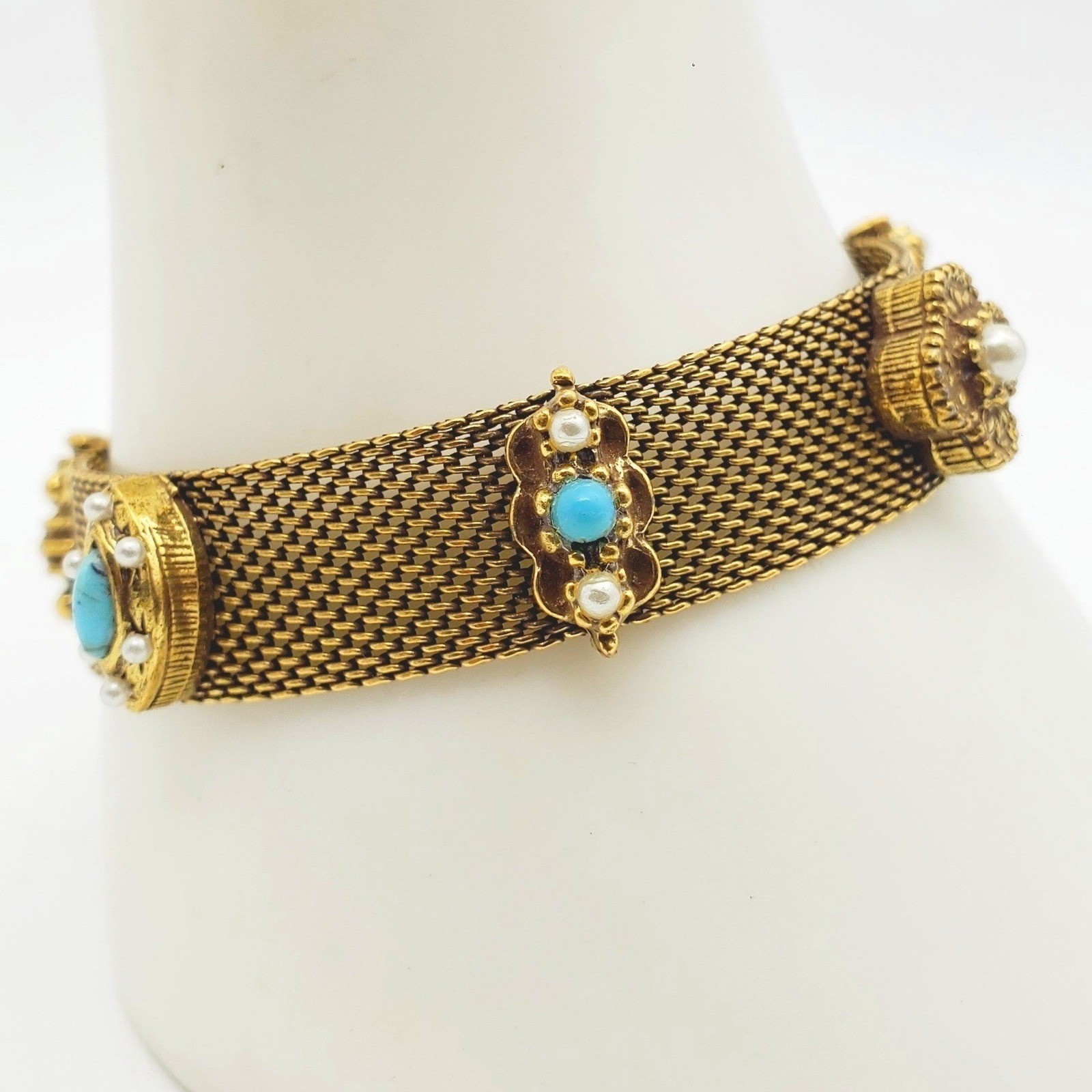 Vtg Goldette Gold Tone Victorian Revival Mesh Chain Bracelet Jeweled Blue Purple
