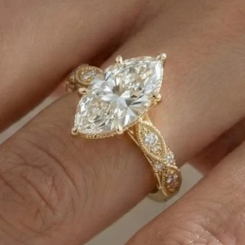 IGI Certified Marquise Cut 14k Yellow Gold Diamond Ring Lab Grown 4.5 Ct VVS E F