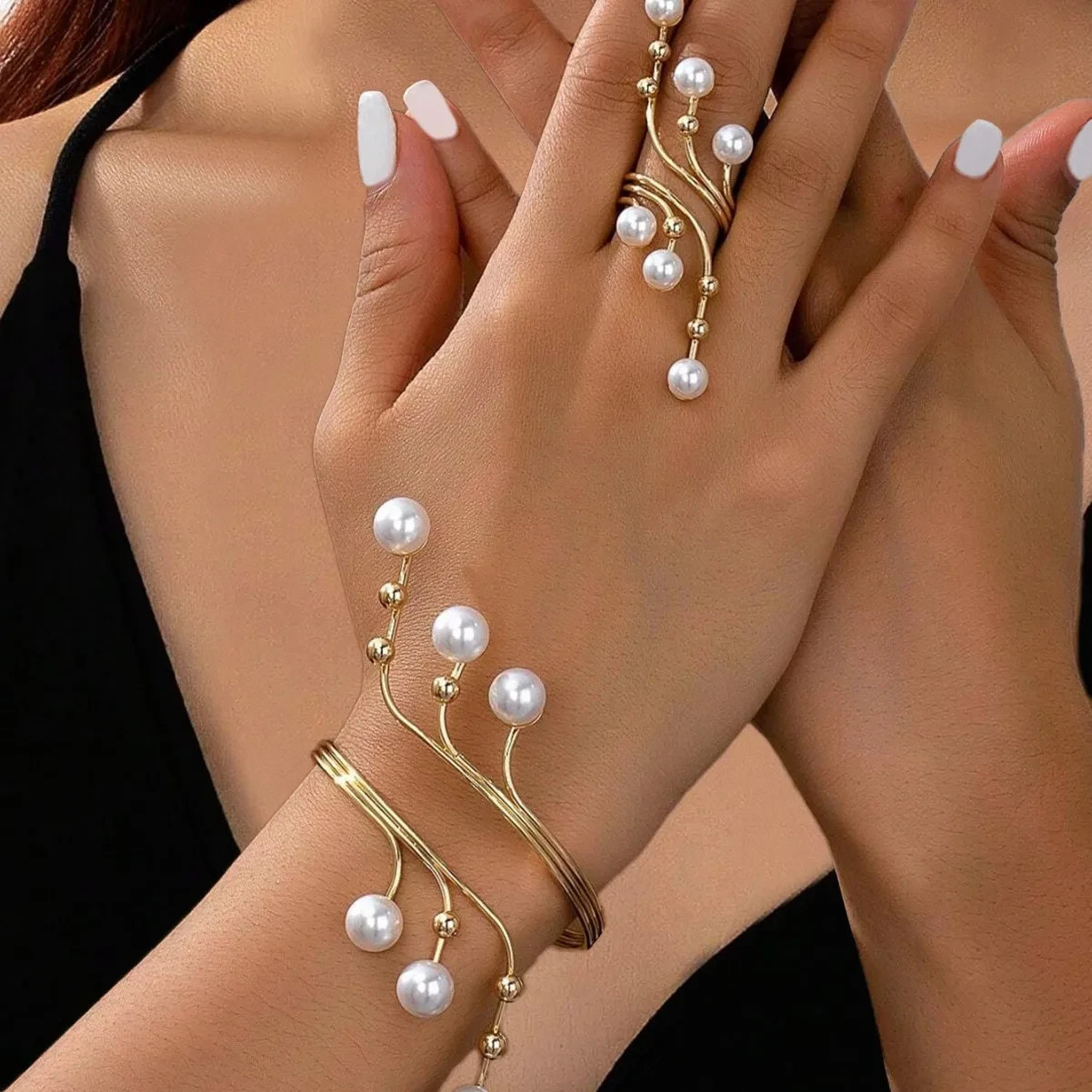 Geometric Imitation Pearl Ring Bracelet Set for Women Girls Fashion Jewelry