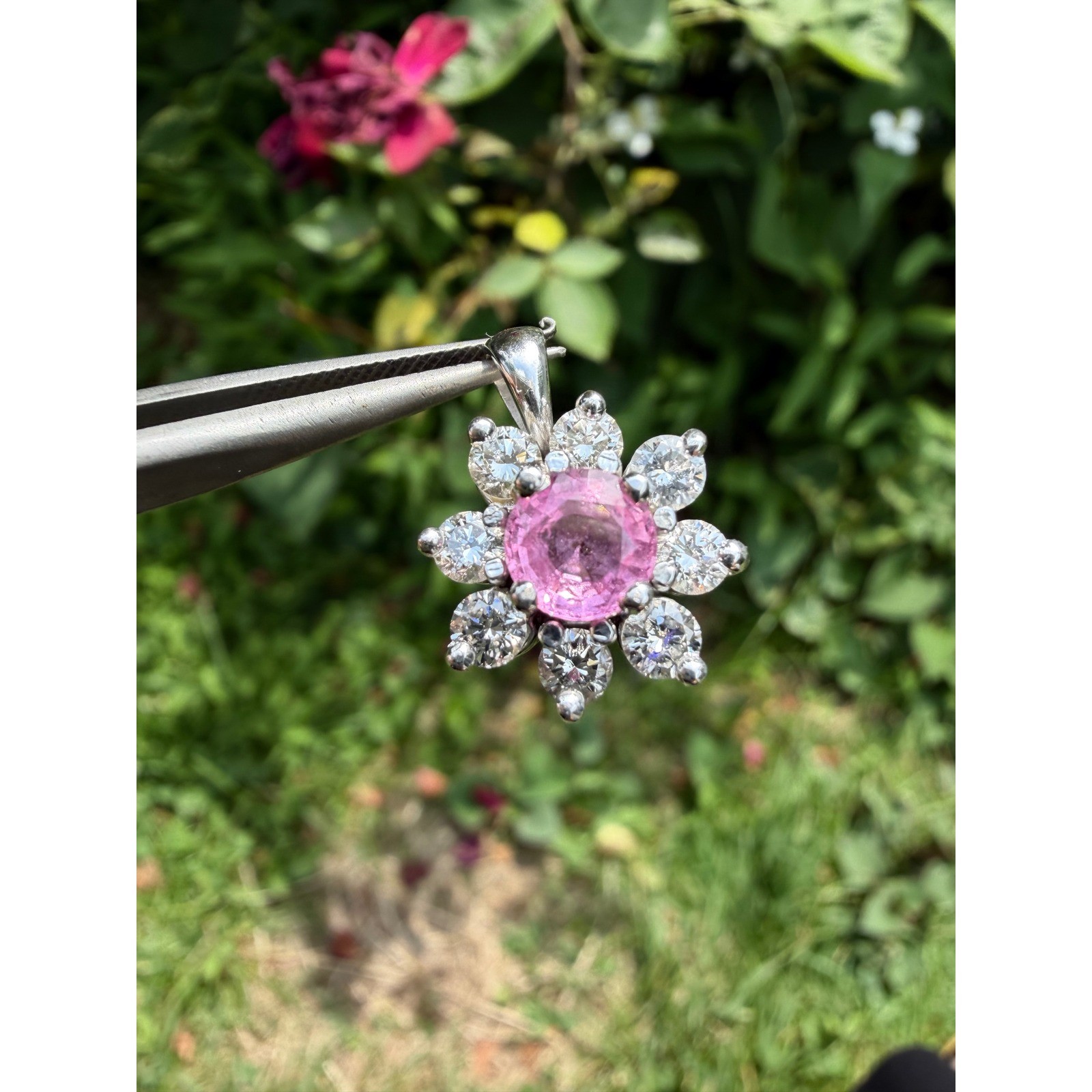 14K White Gold Pink Sapphire & Diamond Flower Pendant