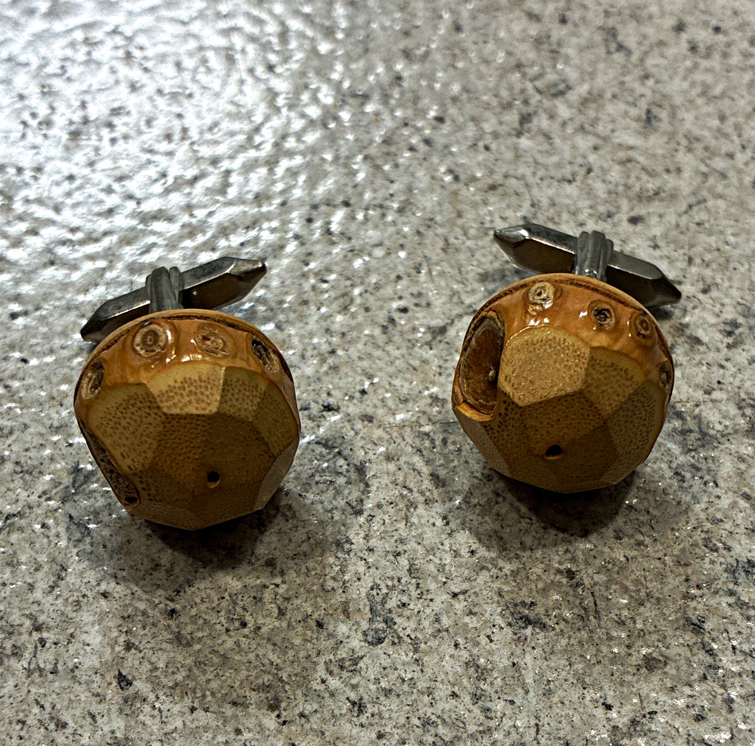 Men’s Tan & Silver Faceted Round wooden Bullet Back Cufflinks MPN 503655