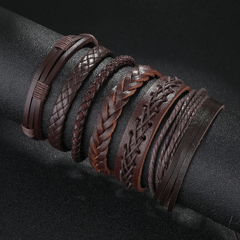 Vintage Braided Leather Bracelet Set 6PCS Adjustable Stackable Wristbands Men