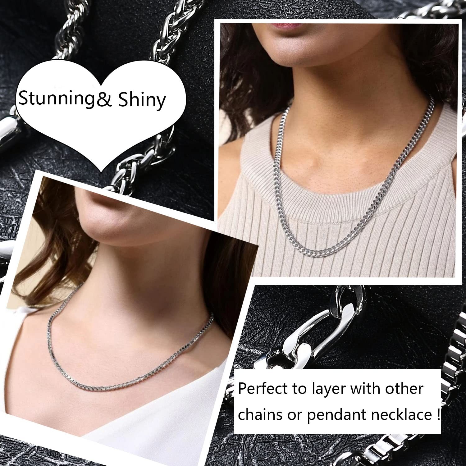 6 Pcs Silver Chains, Stainless Steel Cuban Link/Rope/Box/Figaro/Square Rolo – 01