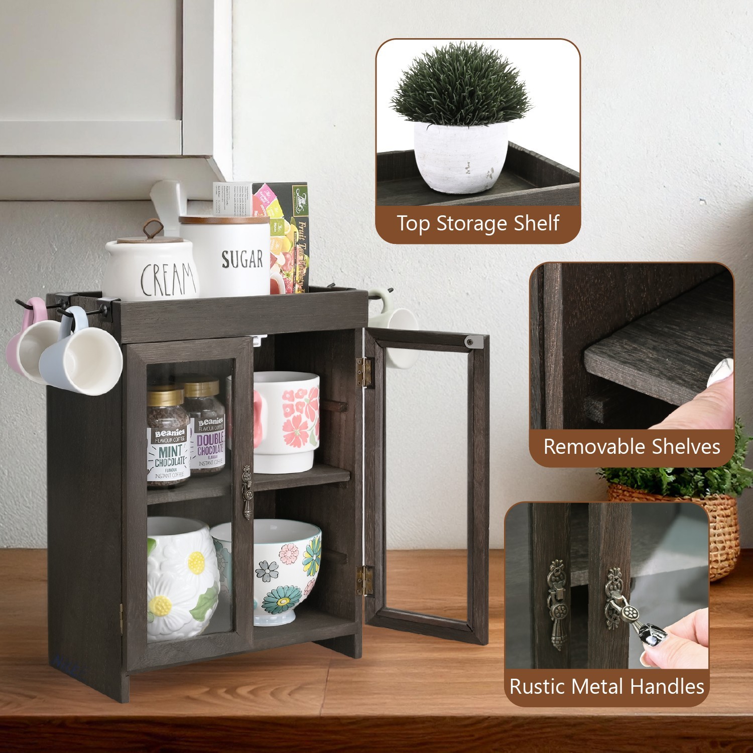 Neuxi Wooden Countertop Storage Cabinet Adjustable Shelves Dark Brown