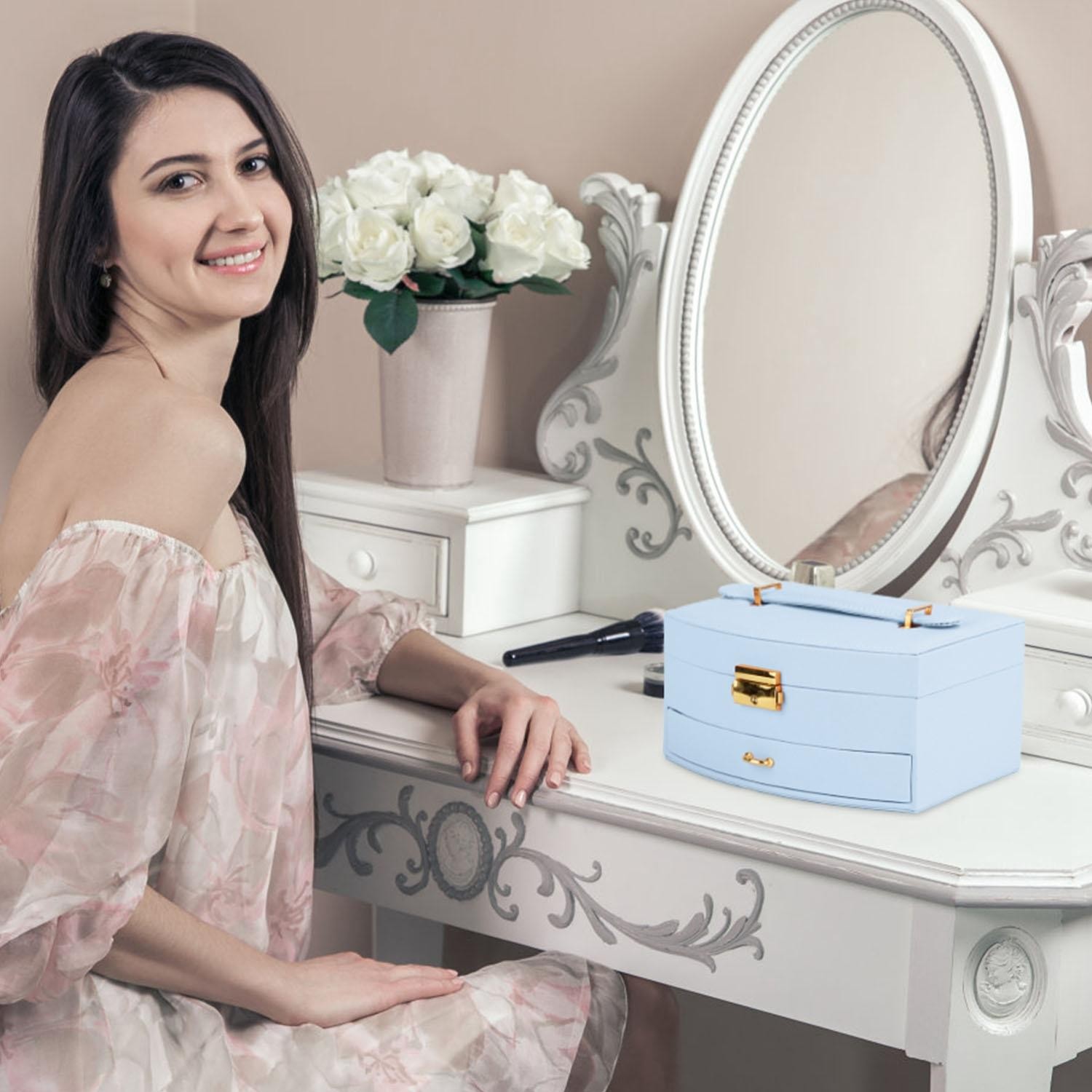 2-Layer Jewelry Box f/ Women Girls Lockable Lear Organizer Travel Case f/ Rings