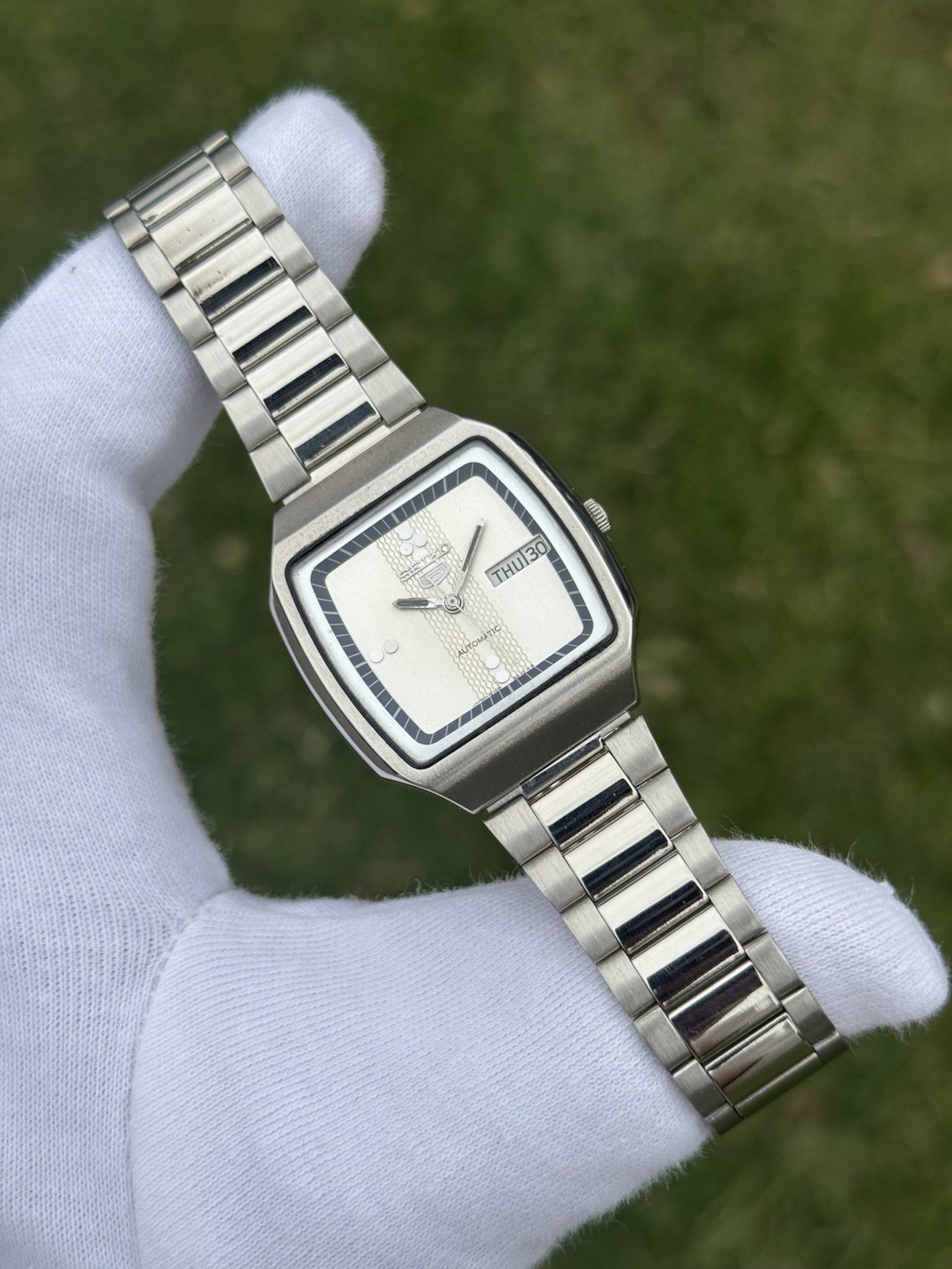 Vintage Seiko 5 Automatic 6309 Mens WristWatch Silver TV Dial Day Date Japan 21J