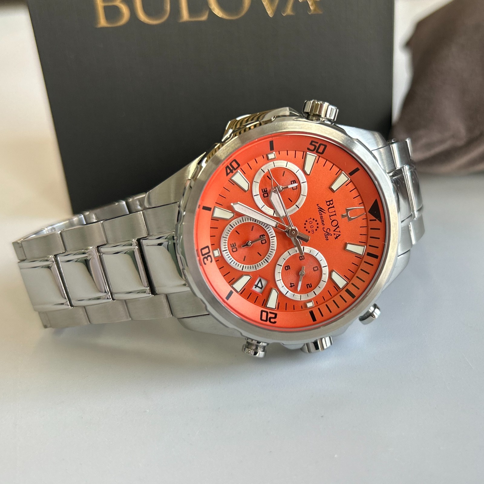 Bulova 96B395 Marine Star Orange Dial Men’s Chronograph Quartz Watch Stainless