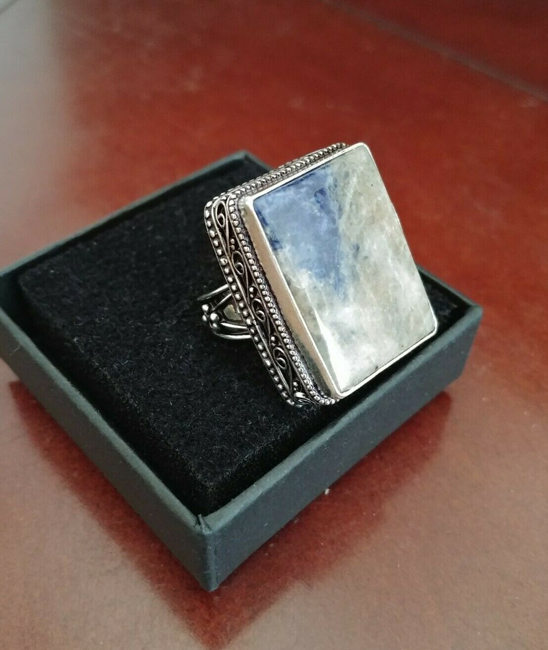Natural Stone SSilver Mineral Healing Sodalite Fashion Ring Band Charm Gem 6.75