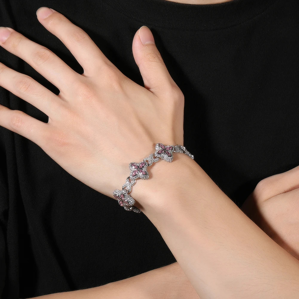 Baby Blue Baguette CZ Floral Infinity Cuban Link Bracelet Unisex