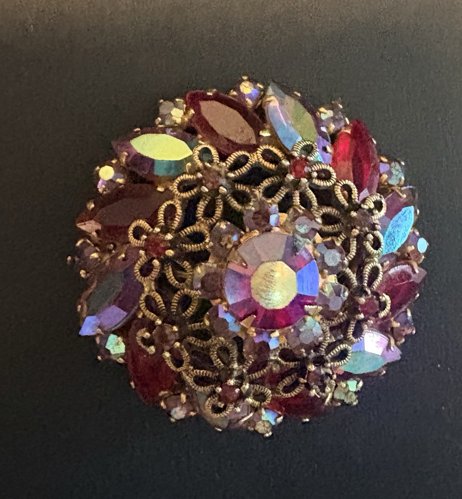 Juliana 1950s Red Rhinestone Marquise Cut Brooch with Faux Iridescent Stones