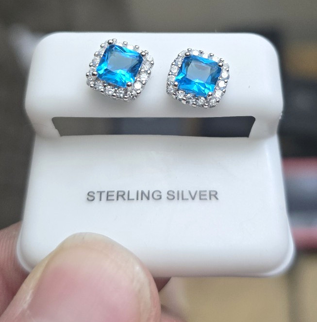 Sterling Silver Blue Aquamarine With Moissanite Halo Square Stud Earrings