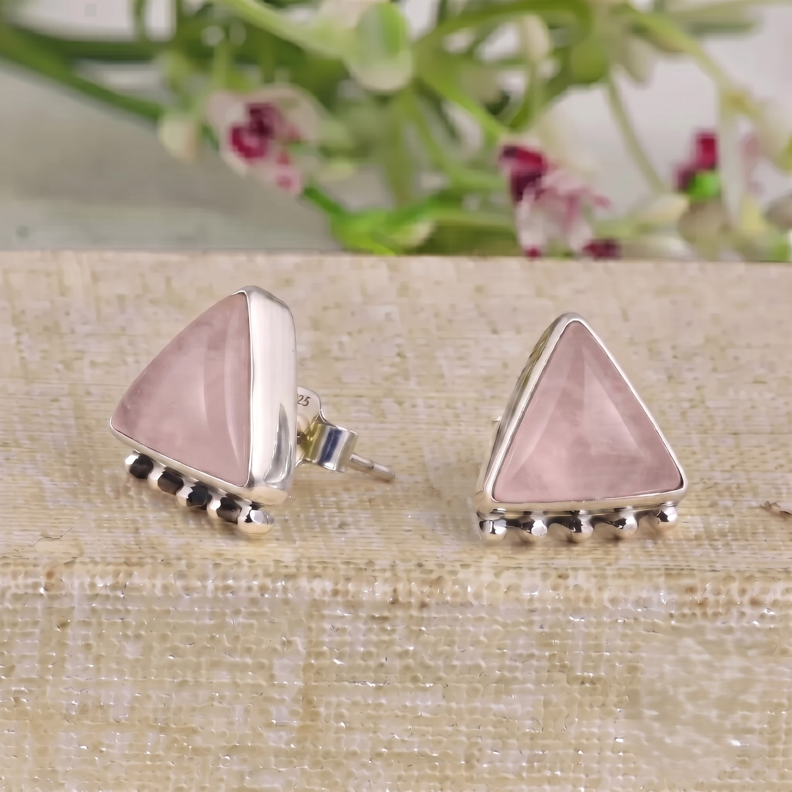 Sterling Silver Studs Rose Quartz Pink Crystal Healing Gemstone Womens Earrings
