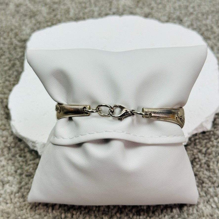 Vtg Silverware Double Handle Bangle Bracelet Silverplate Purple Clear & Pearls