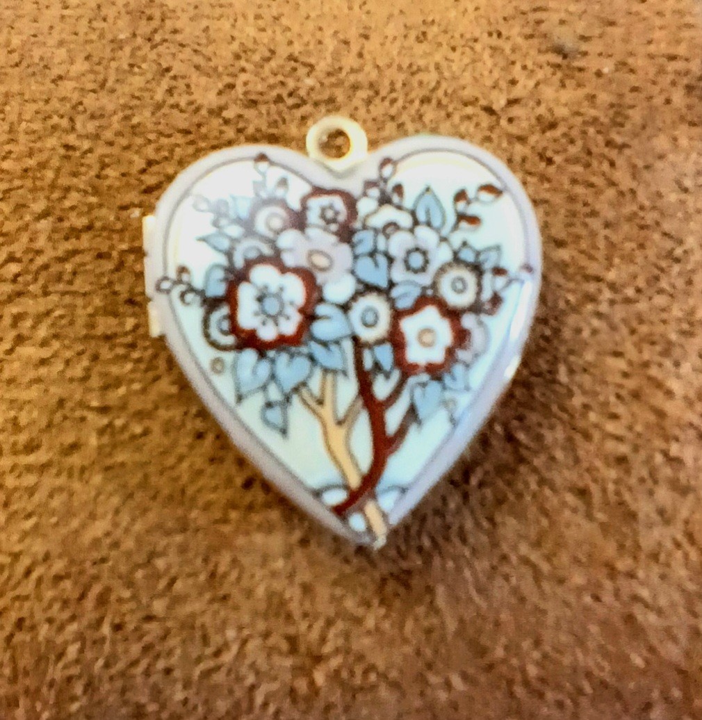 Michaela Frey Heart Locket Pendant Floral Enamel Gold Tone Signed