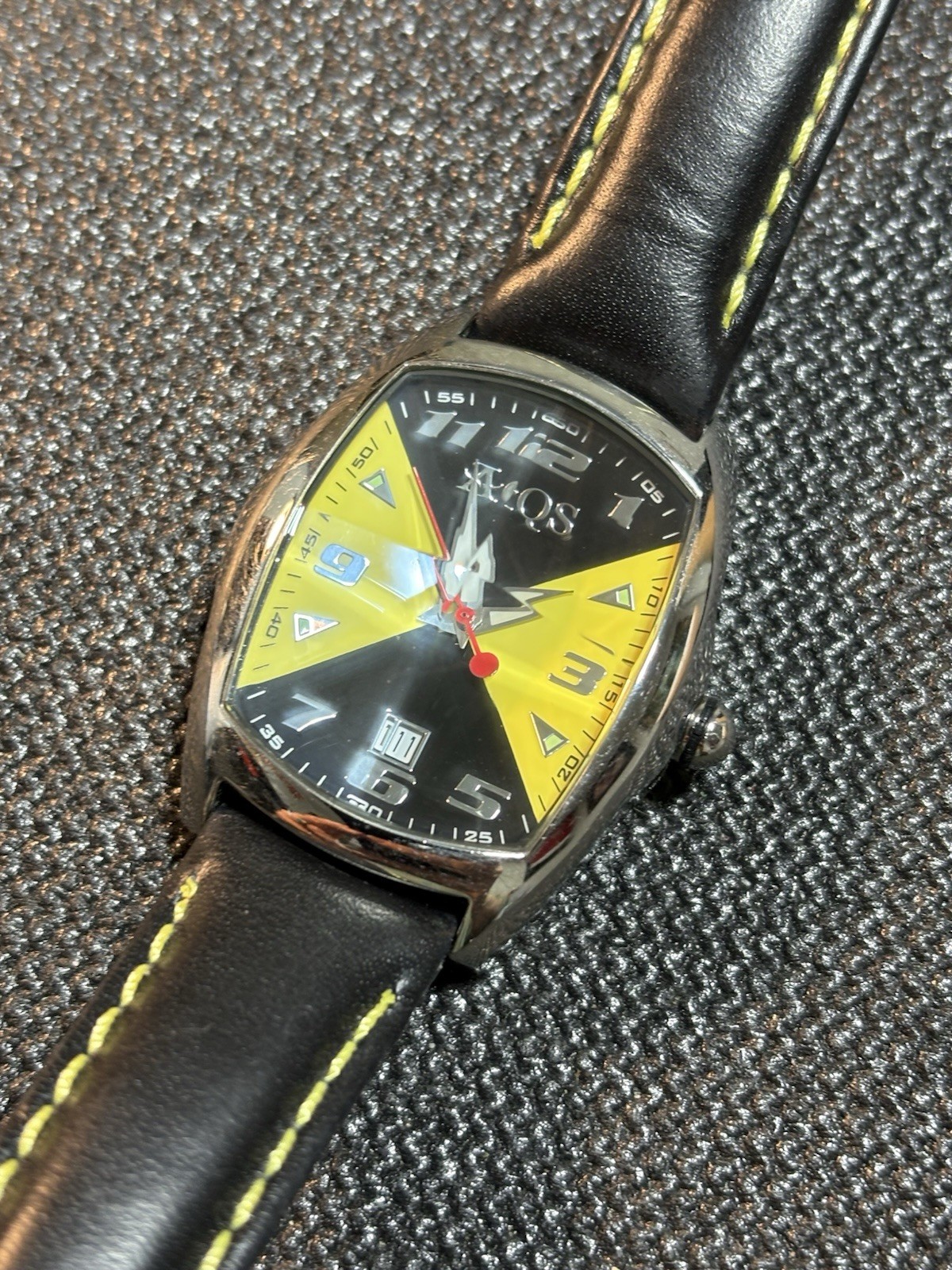 AQS AquaSwiss Men Watch Faceted Crystal,Date,L-9500L,Leather Band,New Bat