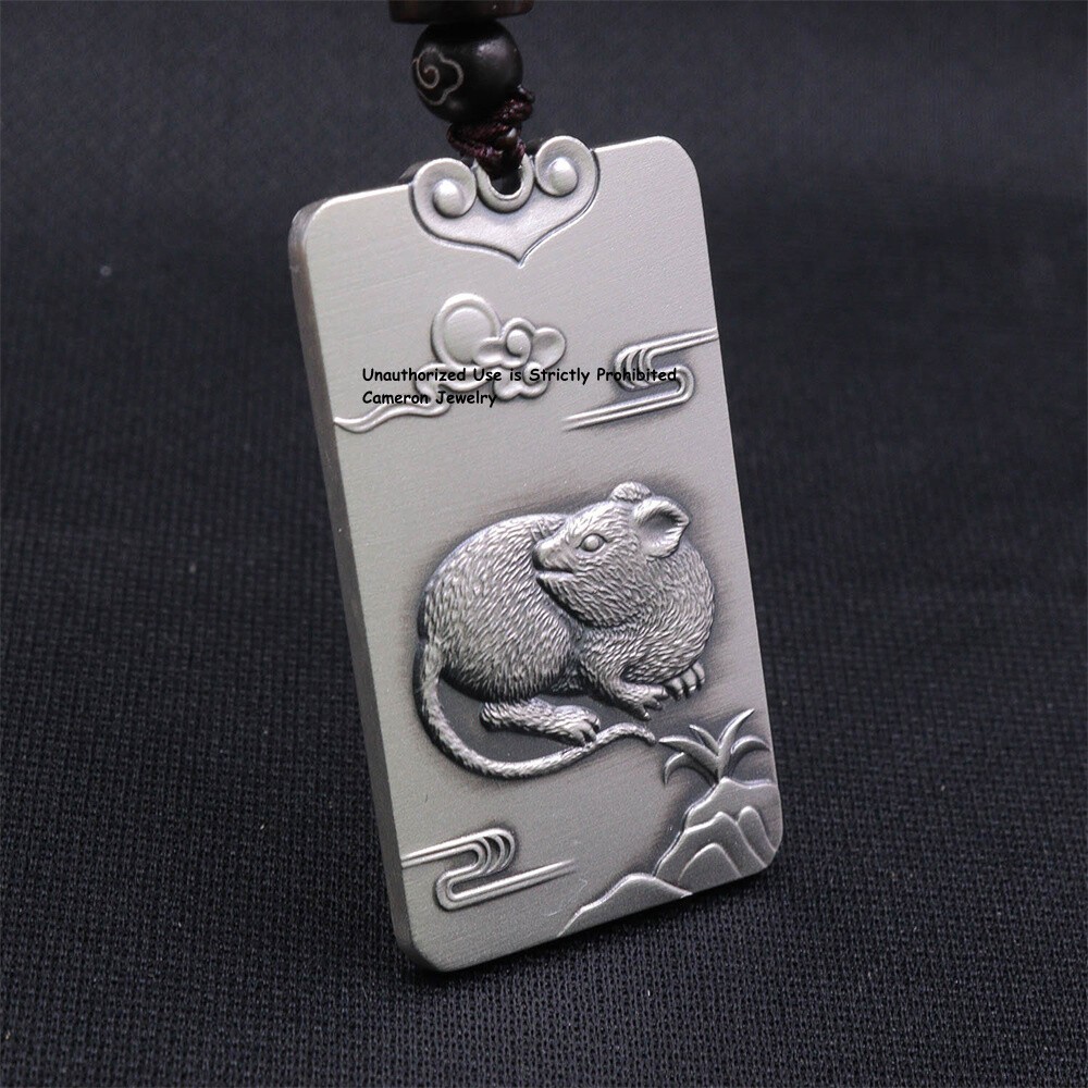 Pure S999 Fine Silver 999 Men Women Zodiac Mouse Oblong Pendant 29-30g 44*27mm