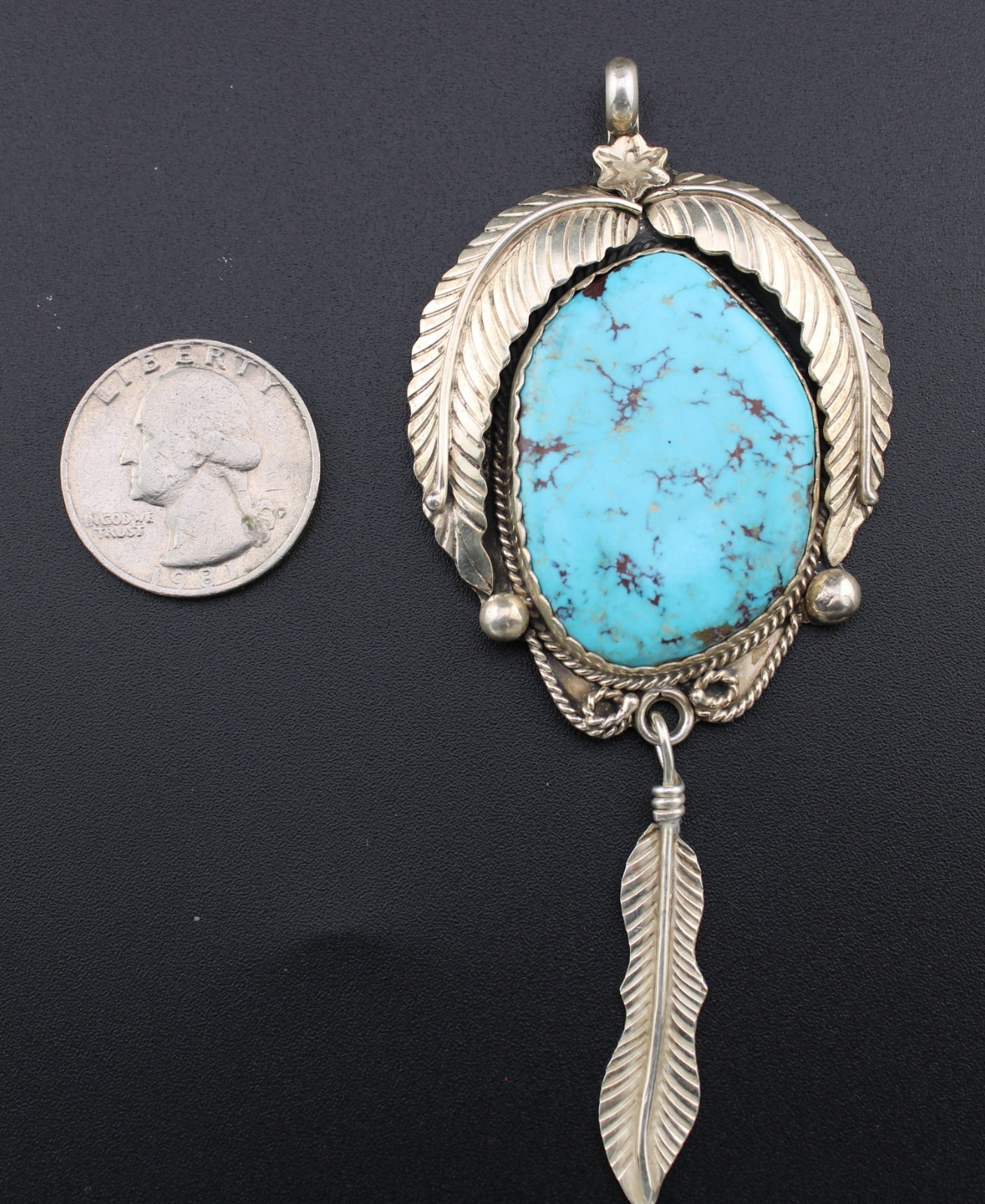 Antique 😍 Signed Yellowhorse Spiderweb Turquoise Sterling Feather Pendant