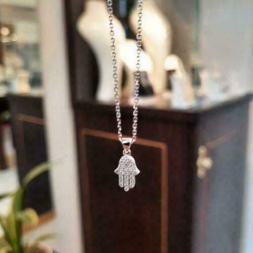 1Ct Round Lab-Created Diamond Hamsa Hand Pendant Charm White Gold Plated Silver