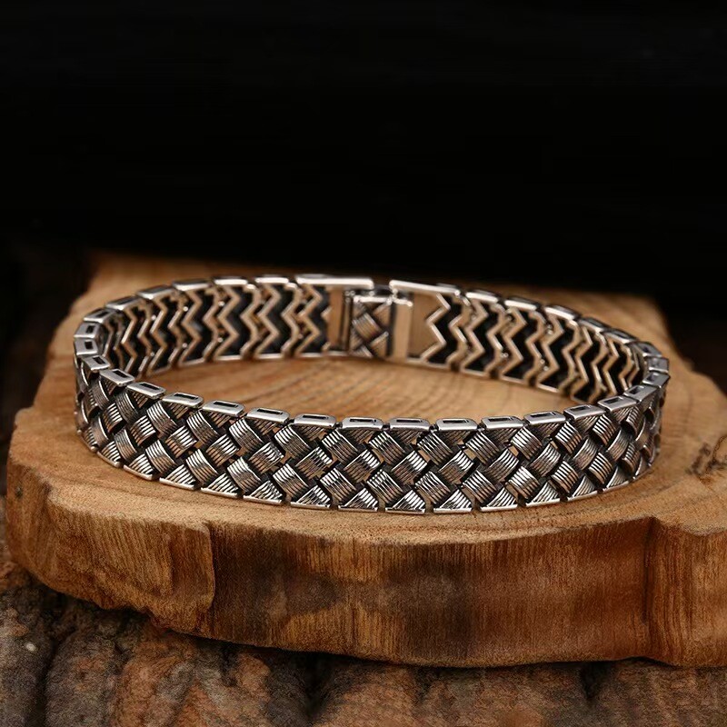 Real 925 Sterling Silver Chain Men 12mm Square Braided Bracelet 32-33g 8.26in