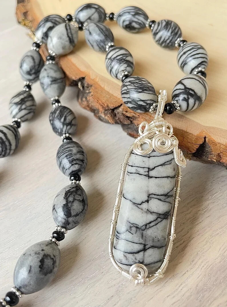 New Handmade Jewelry, Wire Wrapped Zebra Jasper Necklace
