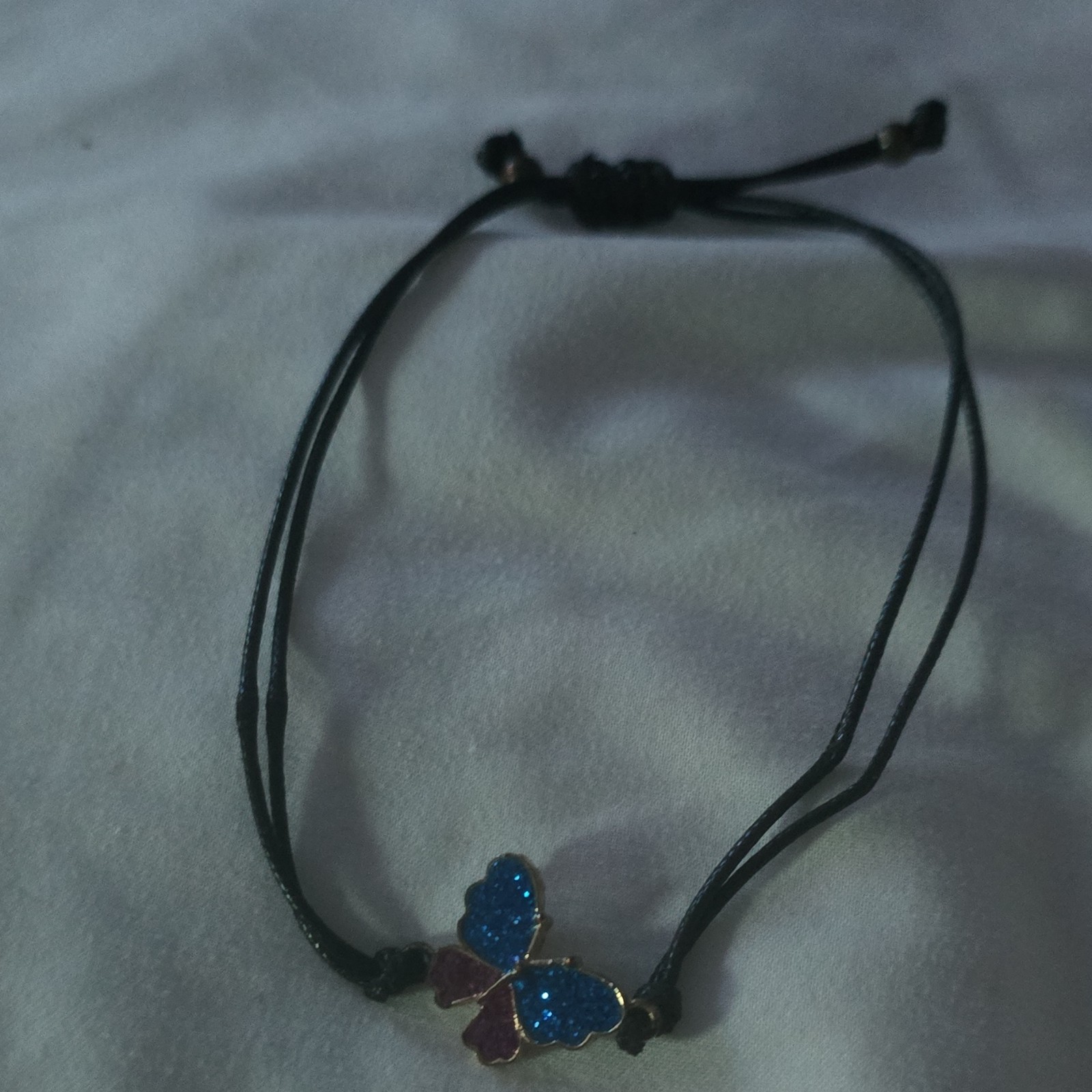 Black Adjustable Cord Bracelet, Slip Knot, Butterfly Dangle Charm, Blue Crystal